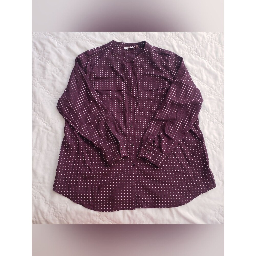CK Maroon Polka Dot Foulard Top 1X Long Sleeve Collarless Double Chest Pockets